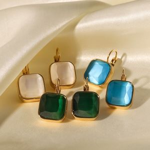Französischer Stil Titan Stahl Ohrringe 18 Karat vergoldeter Edelstahl quadratische Farbe Opal Opal Anhänger Ohrringe weiblich