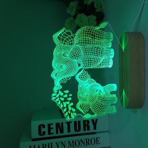 Luzes noturnas Elephant 3D Luz LED para decoração de quarto Wood Nightlight Greis Presens de aniversário Decoração Decoração de mesa de madeira Lâmpada