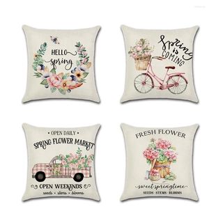 Pillow Cotton Linen Cover Spring Flower Wreath Bicycle Car Farm Theme Throw Pillowcase Home Chair Year Decorative