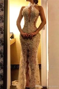 Sexy High Neck Lace Mermaid Prom Dresses Vintage Pearl Beaded High Side Split Evening Gown Long Open Back Formal Dresses BC2710