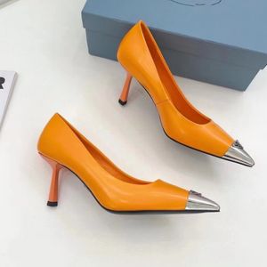 Dress shoes high heeled sandals toe wrap pointed leather elastic band luxury designer 7.5CM slim heel wedding shoes Size 35-42