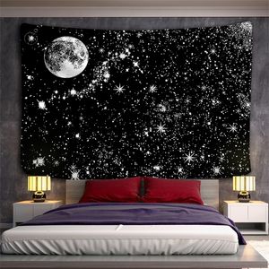 Black and White Moon Mandala astrology tapestry - Boho Wall Hanging for Bedroom, Psychedelic Scene, Starlight Art - 230213