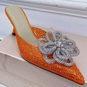 Pantofole Luxury Pointed Toe Clear Women Bling Crystal Flower Sandali Summer Dress Bridal Wedding Lady Sexy Mules