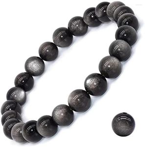 Strang Natürlicher Edelstein, silbriges Obsidian-Armband, runde Perlen, Edelstein, Heilkristalle, Quarz, Chakra-Armbänder für Frauen, Geschenke, Unisex