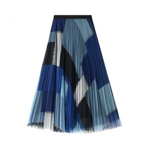 Saias de estilo coreano estampas geométricas y2k saia vd1702 mulheres roxas preto azul comprido comprimento midi tule plissada saia 230214