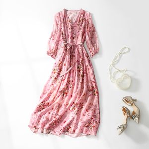 2023 Spring Pink Floral Print Belted Silk Dress Lantern Sleeve V-Neck Buttons Midi Casual Dresses C3F130017