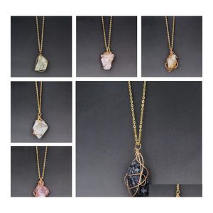 Pendant Necklaces Pretty Gold Chain Wire Natural Stone Necklace Women Jewelry Rose Quartz Healing Crystals Drop Delivery Pendants Dhful