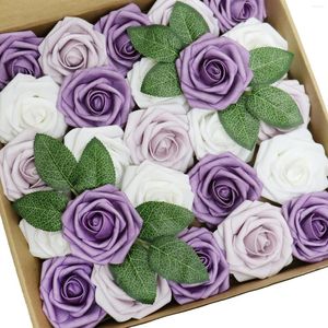 Decorative Flowers D-Seven 25pcs Artificial Flower White/Lavender Mist/Pale Lilac Roses With Stem For DIY Wedding Bouquets Cake Decor