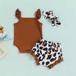 Roupas de verão para bebês recém-nascidos, conjunto sólido sem mangas com babados, shorts de leopardo, conjunto de roupas para meninas meses