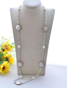 Chains P7696 34"-50" 25mm White Coin & Edison Pearl CZ Chain Yellow Gold-Plating Necklace