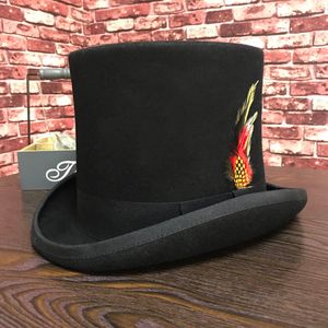 Wide Brim Hats Bucket Black Men Woolen Fedora Flat Mad ter Top Traditional President Party Steampunk Magic with feather 230214