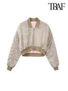 Women's Jackets TRAF Women Fashion Front Zipper Satin Crop Padded Bomber Jacket Coat Vintage O Neck Long Sleeve Female Outerwear Chic Tops 230214