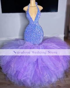 Lavendel prom kl￤nning halter hals paljetter glittrande tillf￤lle formell kv￤ll vestidos f￶r kvinnor gala festkl￤nningar