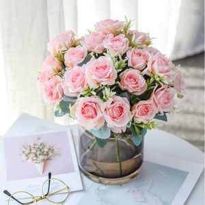Decorative Flowers Luxury Pink Rose Autumn Artificial Silk Wedding Home Decoration High Quality White Peony Simple Bouquet Fake Flower Wall
