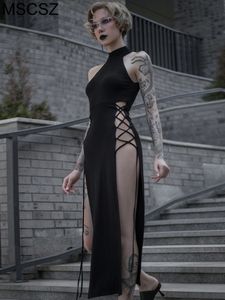 Casual klänningar av axel svart sexig för kvinnor ärmlös bandage midi sommar bodycon elegant lång fest med lår slits 230214