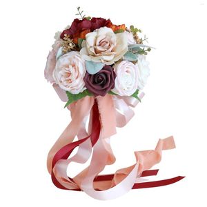 Decorative Flowers Wedding Bouquet Decoration Ribbon Handmade Fake Bridal For Prom Anniversary Proposal Birthday Women