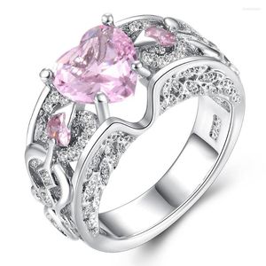 Cluster Rings Romantic Female Princess White Red Blue Pink Light Heart Ring Silver Color Jewelry Promise Engagement For Women