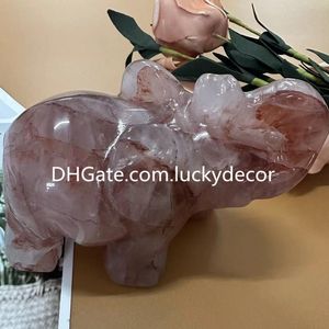 Fire Quartz Elephant Sculpture Fine Art Craft Stor polerad snidad spirituell mineral Natural Red Hematoid Quartz Crystal Gemstone Animal Statue Totem Collection