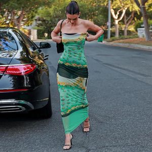 Casual Dresses 2023 Floral Print Mesh Green Sleeveless Patchwork See Through Sexy Slim Maxi Dress Fall Women Party Club Clothes