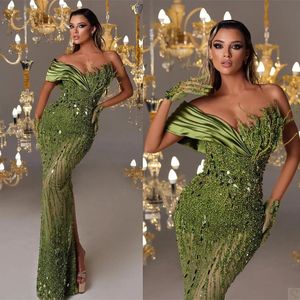 Beads Mermaid Prom Dresses Sexy Crystal Green Tailor Made One Shoulder Evening Gowns High Thigh Split Robe De Mariee