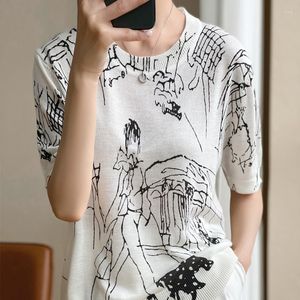 Women's Polos Summer Korean Women's Worsted Knit T-shirts Casual O Neck Pullover Thin Short Sleeve T-Shirt Graffiti Loose Fashion Tee