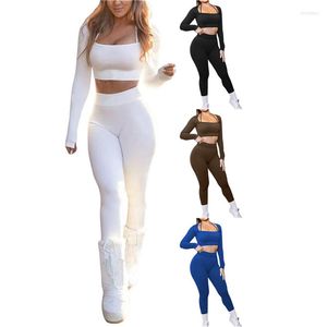 Zweiteilige Damenhose, 2-teilig, Yoga-Kleidung, Outfit, einfarbig, quadratischer Ausschnitt, lange Ärmel, bauchfreie Tops und Leggings mit hoher Taille, Trainingsanzüge 4