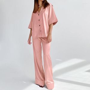 Kvinnors sömnkläder loungewear satin 2st pajamas kostym kvinnor halv ärm pyjamas hemkläder Turned Sleep Set Collar Nightwear