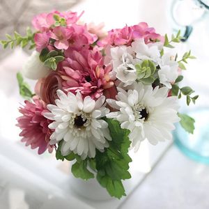 Decorative Flowers Bunch Artificial Gerbera Rununculus Hydrangea Bridal Bouquet Wedding Decor Home Furnishing