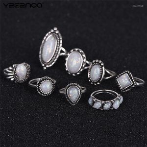 Cluster Rings 8PCS/Set White Color Real 925 Sterling Silver Jewelry For Women Solid Thin Band Natural Fire Opal Stone