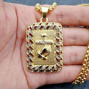 Pendant Necklaces Men's 316L Stainless Steel Chain Necklace Religious Square Praying Hands Cross Motorcycle Party Hip Hop Jewelry