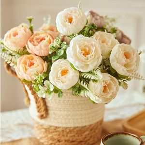 Decorative Flowers 35CM White Artificial Peony Tea Rose Bouquet Silk 5 Heads Fake Flower Flores For DIY Home Garden Wedding Decoration