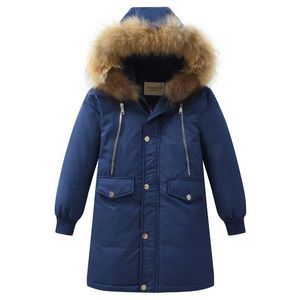 Casaco crianças pato de inverno para baixo garotas espessando jaquetas quentes meninos meninos longos peles naturais com capuz de casacos de casaco de pele natural