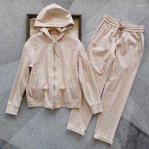 Women's Two Piece Pants Bead-Chain Two-Piece Fashion Suit Women Zipper Hooded Long Sleeve Jacket And Elastic Waist Drawstring Ankle-Length