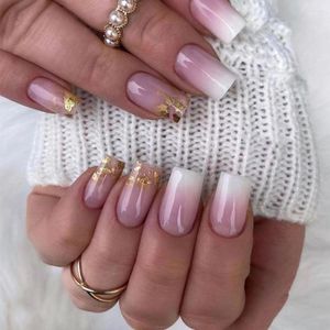 False unhas 24pcs gradiente quadrado francês ondulário de ouro com capa completa Dicas de unhas destacáveis ​​Mulheres decoram