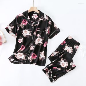 Women's Sleepwear Sale Women Flower Homewear 2023 Summer Short Sleeved Pajamas Set Long Pant Pyjamas Sets Viscose Leisure