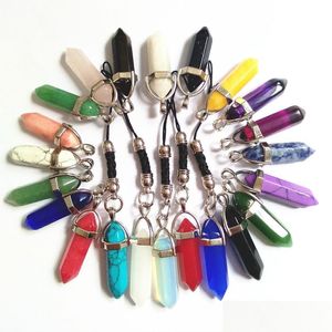 Bärade halsband 12 Piece Six Prism Series Mini KeyChain Fashion Natural Stone Pendant Small Key Chain Drop Delivery Jewelry Dhgarden Dhpzj