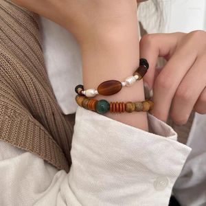 Strand 2023 Chinese Retro Brown-red Sandalwood Elasticity Beaded Bracelet Unisex Wristband Men Women Wood Grain Bracelets Jewelry Gifts