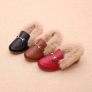 Sneakers Winter Kids Shoes Plush Fur Girl Princess Leather Shoes Warm Toddlers Baby Girls Loafers Fashion Casucal Flats 2130 Black Red 230213