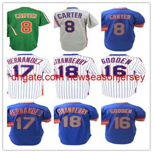 Nuove maglie da baseball vintage 18 Darryl Strawberry 8 Gary Carter 16 Dwight Gooden 17 Keith Hernandez cucito blu grigio verde bianco