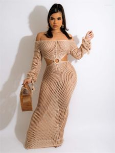 Casual Kleider Lace Up Quaste Gestrickte Sommer Strand Kleid Frauen Sexy Aushöhlen Tiefem V-ausschnitt Langarm Backless Robe Abdeckung bluse