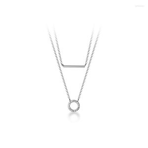 Kedjor 100% autentiska 925 sterling silver dubbel rader flerskikt choker halsband geometrisk strip bar lycklig cirkel hänge c-d777325s