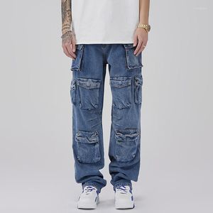 Jeans masculinos Cargo da moda masculino com bolsos multi -bolsos Hi Street Hip Hop Denim calças soltas