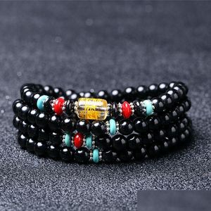 Pärlstav ny naturlig 6mm svart obsidian sten tibetansk buddhist 108 bönpärlor halsband kalebass mala armband för meditation dr dhgarden dhowm