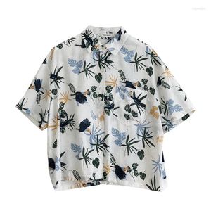 Women's Blouses PERHAPS U Hawaii White Bird Floral Print Turn Down Collar Button Shirt Short Sleeve Summer Casual Beach Women B0155