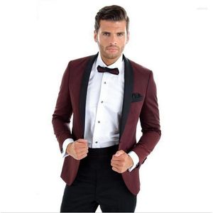 Herrdräkter Bourgogne med Black Lapel Mens Dinner Party Prom Groom Tuxedos Groomsmen Wedding Blazer Men Suit (Jacket Pants Tie)