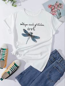 Linda camiseta com estampa de libélula, linda camiseta de manga curta com gola redonda, tops casuais para o dia a dia, roupas femininas