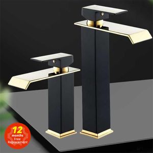 Kitchen Faucets Basin Gold and Black Waterfall Brass Bathroom Mixer Tap Cold Sink faucet 230213