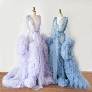 Bridesmaid Dress Light Blue Women Night Robe Ruffle Tulle High Split Lingerie Custom Made Bridal Sleepgowns Sleepwear Party Pajama