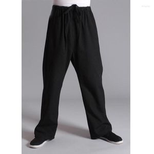 Abbigliamento etnico Pantaloni lunghi in cotone Pantaloni da uomo tradizionali cinesi Wu Shu Tai Chi Vita elastica allentata Nera