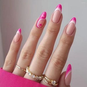 Falska naglar 24st manikyr rosa kärlek hjärttryck på full täck färgglada blomma lång mandel franska falskt